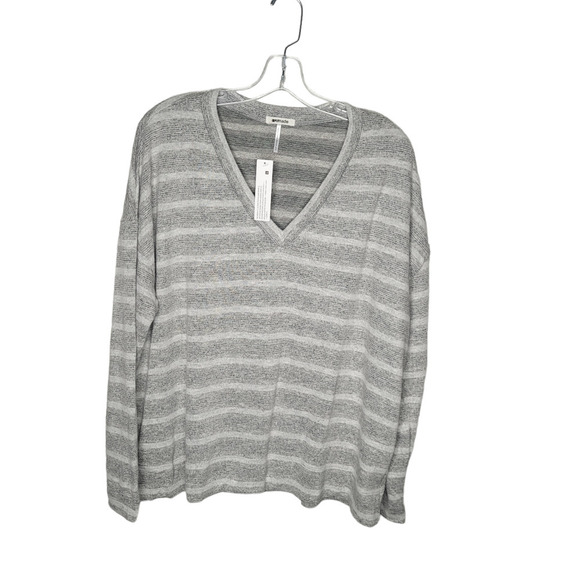 NWT LA MADE womens sz Lg white gray striped long sleeve top shirt v neck rayon - Picture 1 of 6